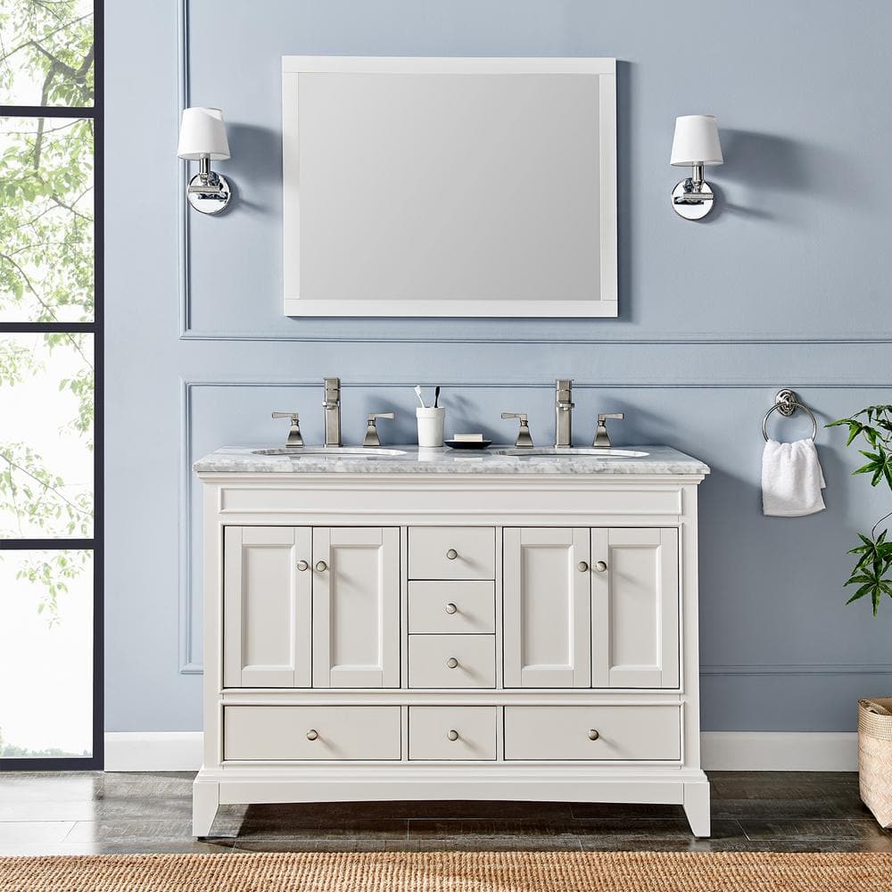 Eviva Elite Stamford 48 In White Solid Wood Bathroom Vanity Set With Double Og White Carrera Marble Top Evvn709 48wh Ds The Home Depot