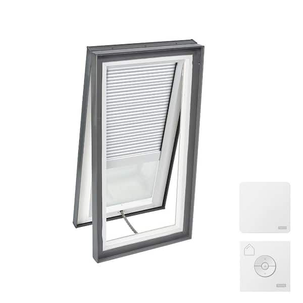 VELUX 22-1/2 in. x 34-1/2 in. Venting Curb Mount Skylight w/ Laminated Low-E3 Glass, White Solar Powered Room Darkening Shade