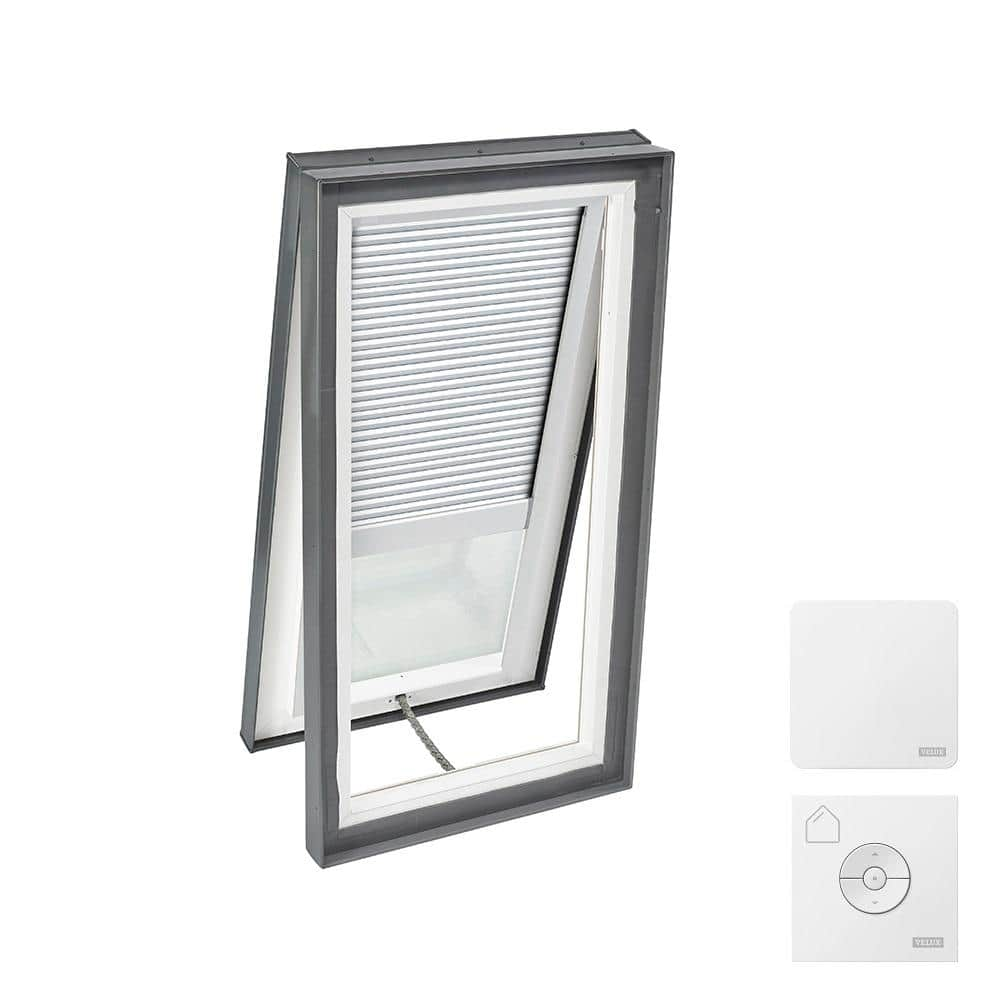 22-1/2 in. x 46-1/2 in. Venting Curb Mount Skylight w/ Laminated Low-E3 Glass, White Solar Powered Room Darkening Shade -  VELUX, VCM2246204CS00X