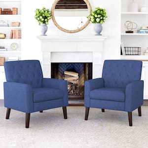 Navy Blue and Walnut Mid Century Modern Button Tufted Accent Chair with Wood Legs (Set of 2)