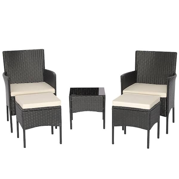 Gymax 5-Pieces Wicker Patio Conversation Set Outdoor Rattan Sofa Set Cushioned Off White with 2 Ottomans