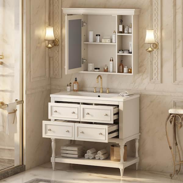 36 in. Wood Top Bathroom Vanity and Bathroom Storage Cabinet in Beige