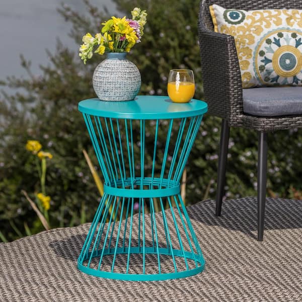 Noble House Lassen 21 in. Matte Teal Round Metal Outdoor Patio Side Table