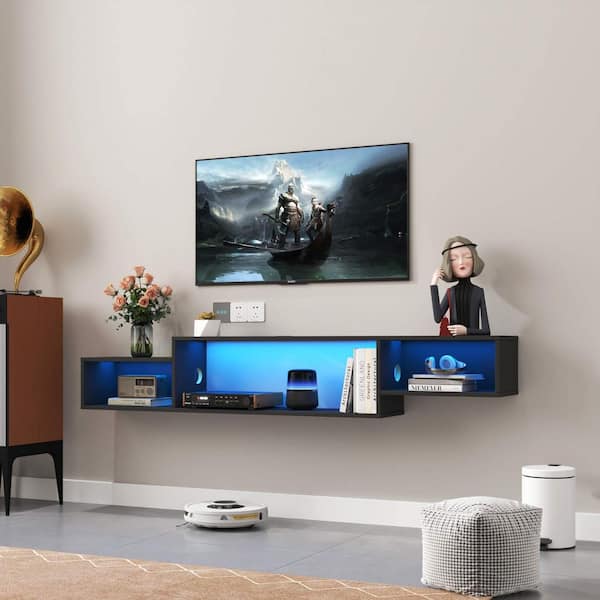 Black TV Stand Fits TV's Up to 65 in. with 20-Color LEDs and Charging Station