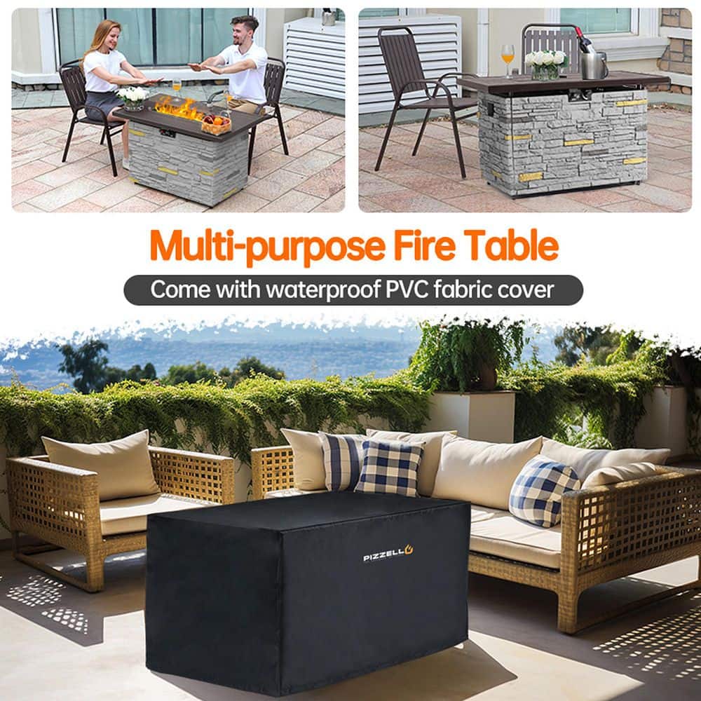 43" Gray Stone Propane Fire Pit Table with Glass Wind Guard
