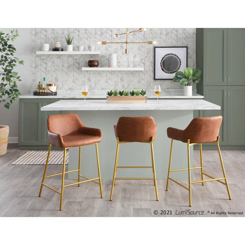 Set of 2 Gold Metal and Camel Faux Leather Counter Stools
