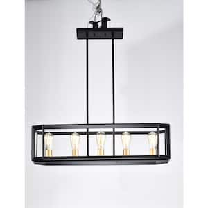Indoor 5-Light Black Finish Uplight Metal Rectangular Island Pendant Light without Shade Adjustable Height
