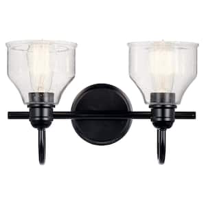 Avery 15 in. 2-Light Black Industrial Bathroom Vanity Light with Clear Seeded Glass
