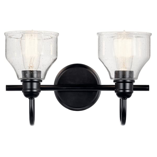 Avery 15 in. 2-Light Black Industrial Bathroom Vanity Light with Clear Seeded Glass