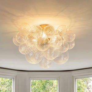 Neuvy 19 in. W 3-Light Brass Cluster Semi-Flush Mount Chandelier with Grape Swirled Glass Shades Foyer Close to Ceiling