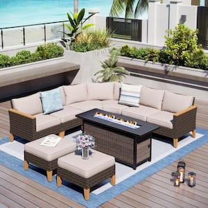 Brown Rattan Wicker 8-Seat 9-Piece Steel Outdoor Fire Pit Patio Set with Beige Cushions and Rectangular Fire Pit Table