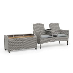 Prefontaine Light Gray and White Aluminum Outdoor Loveseat Chair with Gray Cushion and Storage Bench