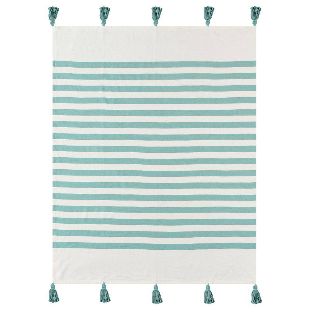 Bay Aqua Blue Hand-Woven Striped Coastal All Natural Cotton Throw Blanket