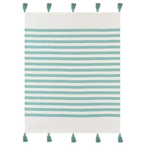 Bay Aqua Blue Hand-Woven Striped Coastal All Natural Cotton Throw Blanket