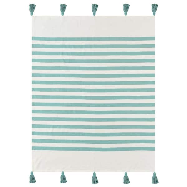 Unbranded Bay Aqua Blue Hand-Woven Striped Coastal All Natural Cotton Throw Blanket