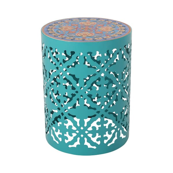 14 in. W x 18 in. H Round Metal Outdoor Side Table, Transitional Plant Table with Tile Mosaic Top in Teal