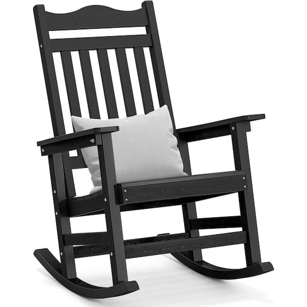 DEXTRUS Black Plastic Wood Patio Outdoor Rocking Chair with Grey Cushions