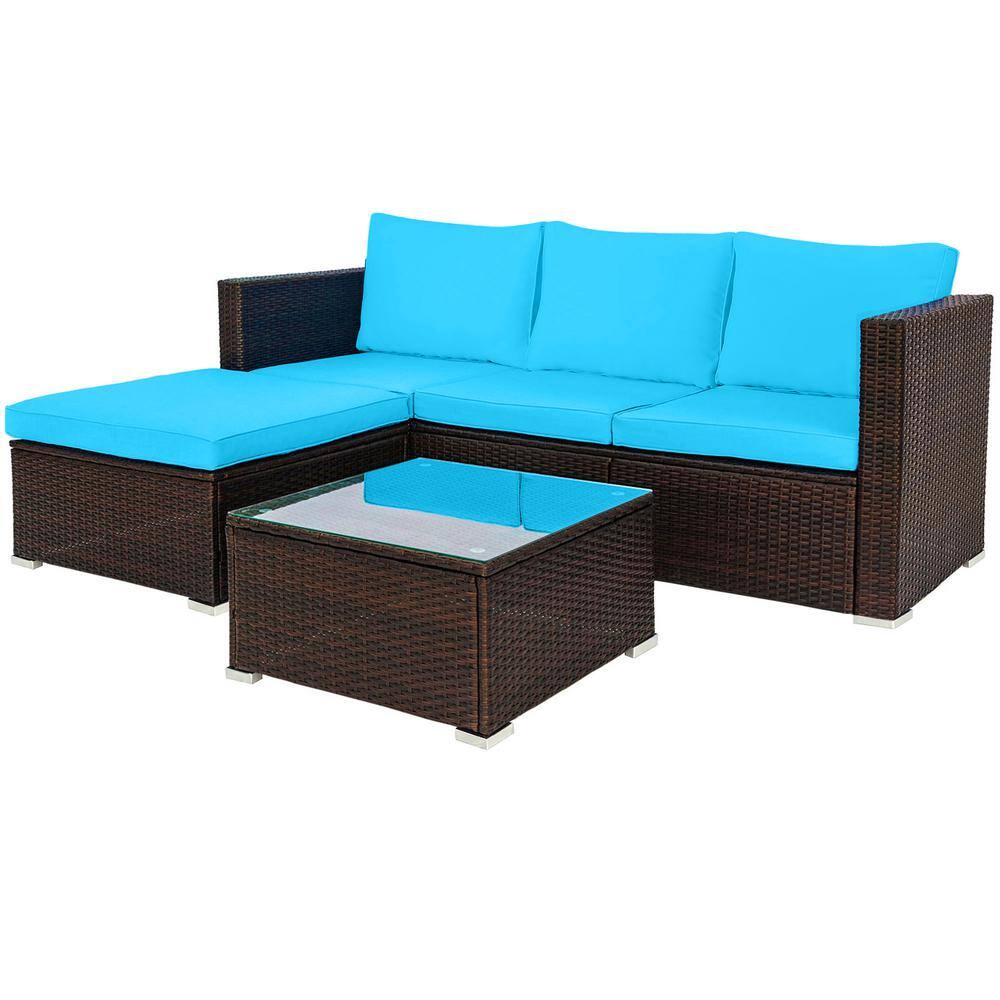 Brown 5-Piece Wicker Patio Conversation Set with Blue Cushions and Table