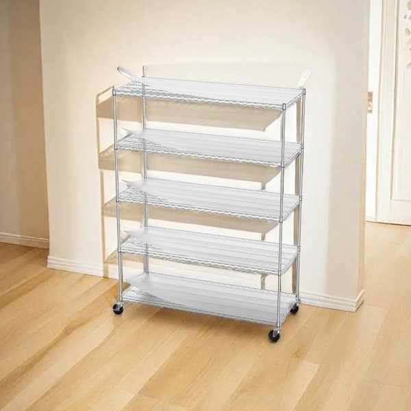 Tileon 5-Tier 7500 lbs. Heavy Duty Adjustable Storage Rack, Metal Shelf Wire Shelving Unit w/Wheels and Shelf Liners in Chrome