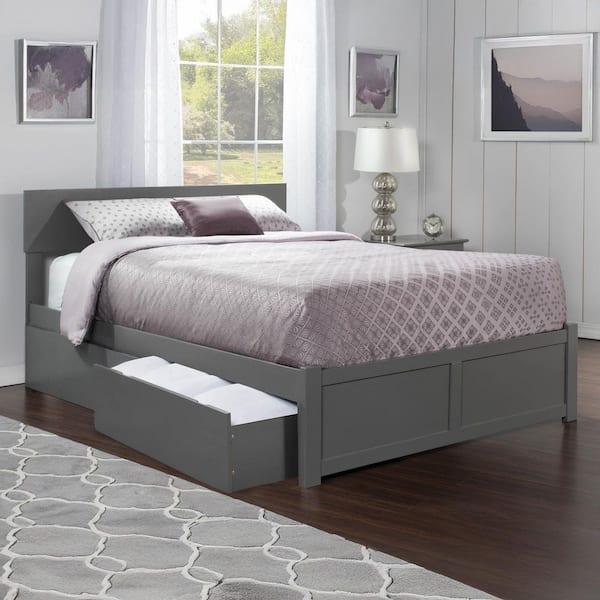 AFI Orlando Grey Full Solid Wood Storage Platform Bed with Flat Panel Foot Board and 2 Bed Drawers