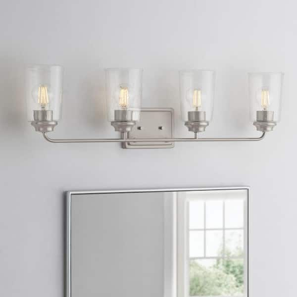 Hampton Bay Evangeline 32-3/8 in. 4-Light Brushed Nickel Farmhouse Bathroom Vanity Light with Clear Seeded Glass Shades