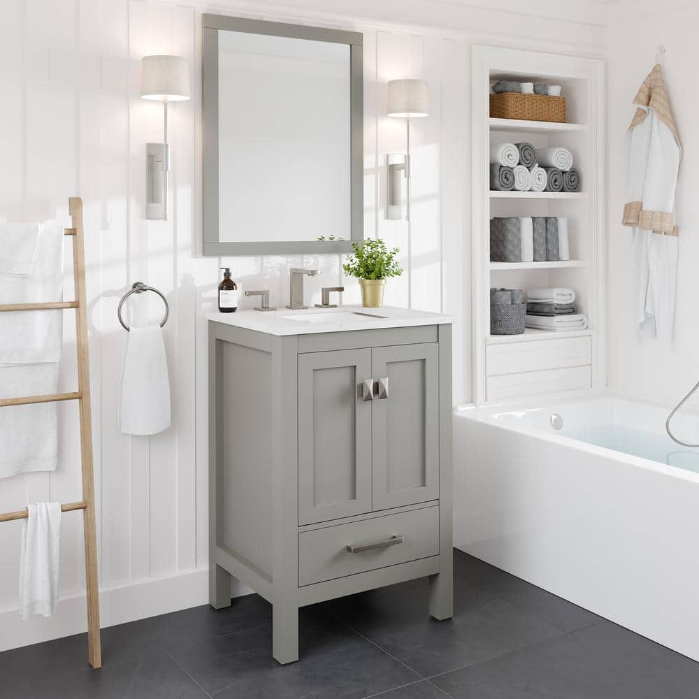 Gray Solid Wood Bathroom Vanity with White Quartz Top
