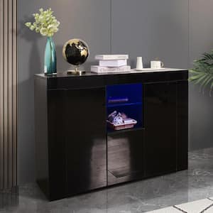 Black Kitchen Sideboard Cupboard with LED Light and 2 Doors, High Gloss Dining Room Buffet Storage Cabinet