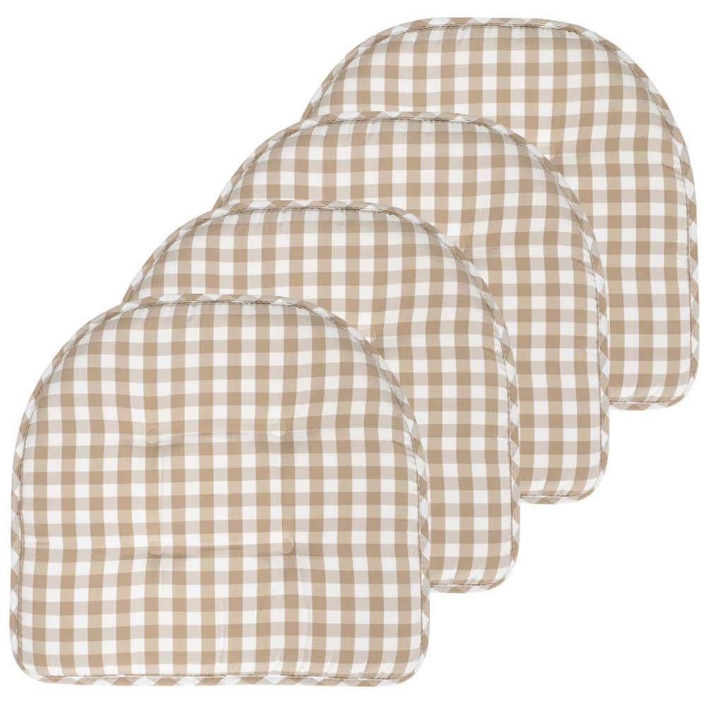 Taupe and White Checkered Memory Foam Kitchen Chair Cushions, Set of 4