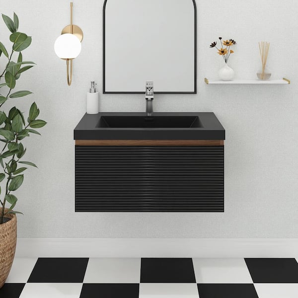 30 in. Single Sink Wall Mount in Mature Oak Bath Vanity with Black Cultured Marble Top Unassembled