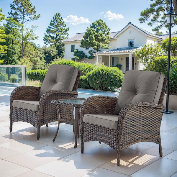 Bellefurn Rotavia 3-Piece Brown Wicker Outdoor Lounge Chair All Weather High Back Patio Chat Set with Gray Cushion for Porch Deck