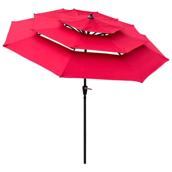 9 ft. Steel Push-Button Tilt 3-Tier Outdoor Patio Umbrella in Red with Crank Lift and Wind Vent (Base Not Included)