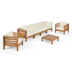 Oana Teak Brown 7-Piece Wood Patio Conversation Seating Set with Beige Cushions
