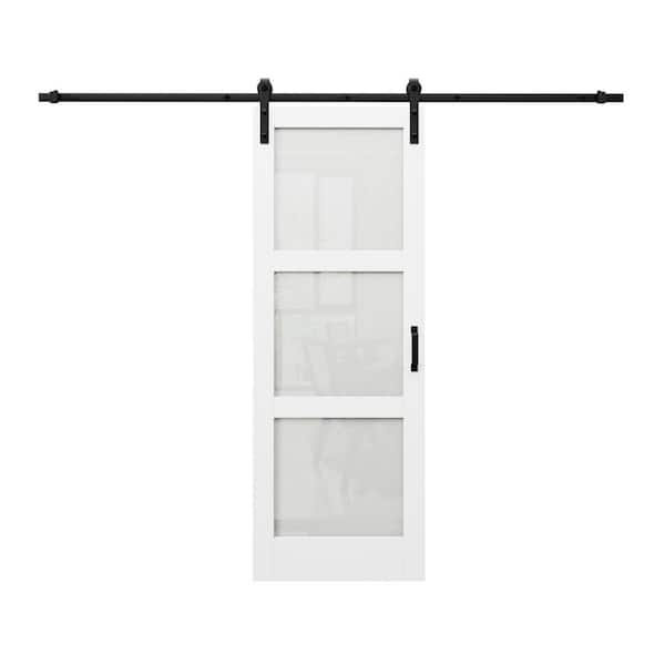 EH PUERTA 30 in. x 84 in. 3-Lite Tempered Frosted Glass White Primed MDF Finished Sliding Barn Door Slab with Hardware