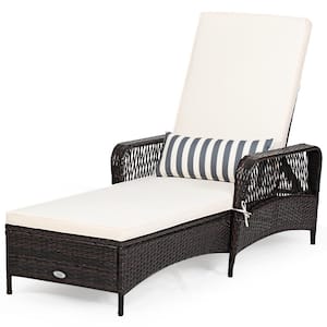 1-Piece Wicker Outdoor Chaise Lounge Armrest Recliner with Beige Cushions Adjustable Height