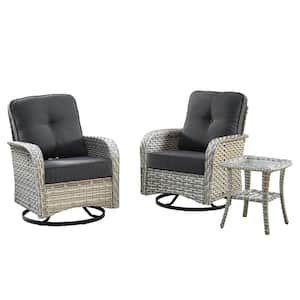 Beverly Gray 3-Piece Wicker Outdoor Patio Conversation Swivel Rocking Chair Seating Set with Black Cushions