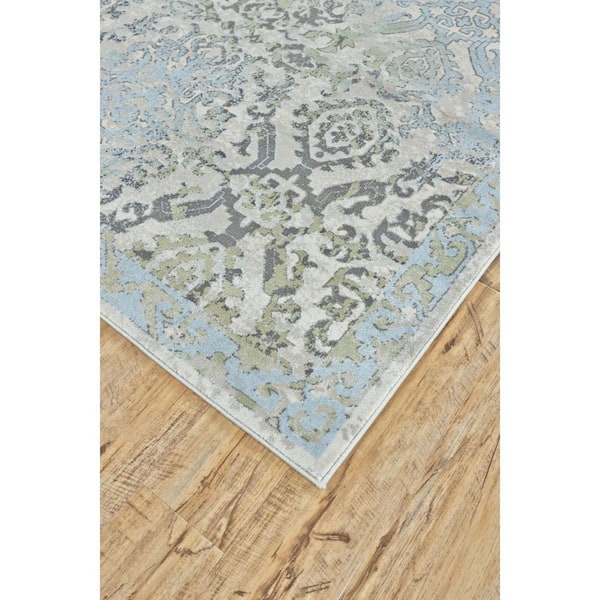 2 x 7 Blue, Gray, Green Floral Runner Rug