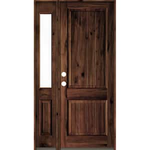 50 in. x 96 in. Rustic Knotty Alder Right-Hand/Inswing Clear Glass Red Mahogany Stain Wood Prehung Front Door w/Sidelite