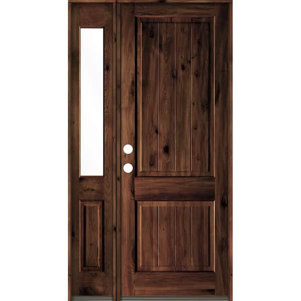 Krosswood Doors 50 in. x 96 in. Rustic Knotty Alder Right-Hand/Inswing Clear Glass Red Mahogany Stain Wood Prehung Front Door w/Sidelite