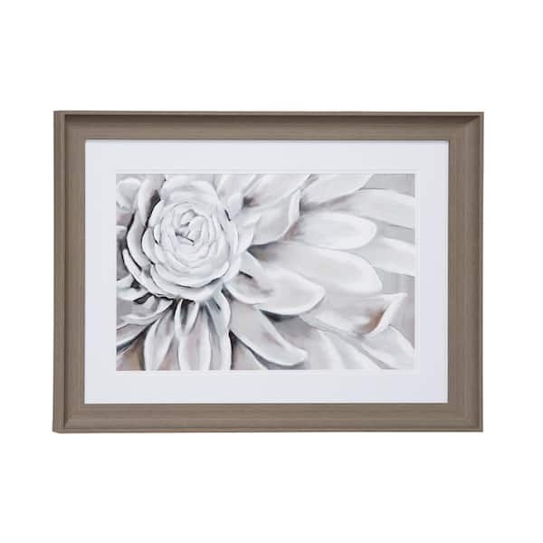 Litton Lane 23.5 in. x 17.5 in. Blooming Gray Flower Print in Rectangular Brown Frame