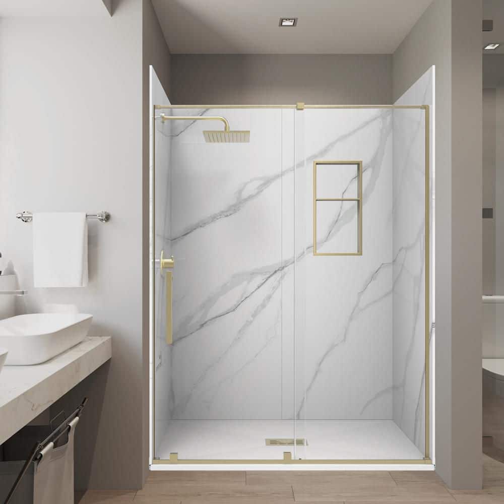 Calcutta White 32in. x 60in. x 84in. Solid Composite Stone Alcove Shower Combo Kit Matching Gold Door, Niche and Drain price history on PriceWatchPro