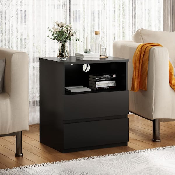 Oscar Modern Black 2 Drawers 19.7 in. W Nightstand with USB Charging Station, and Open Storage