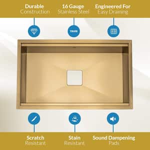 Undermount Workstation 32 in. Gold Stainless Steel Single Bowl Sink With Center Square Drain And Accessories