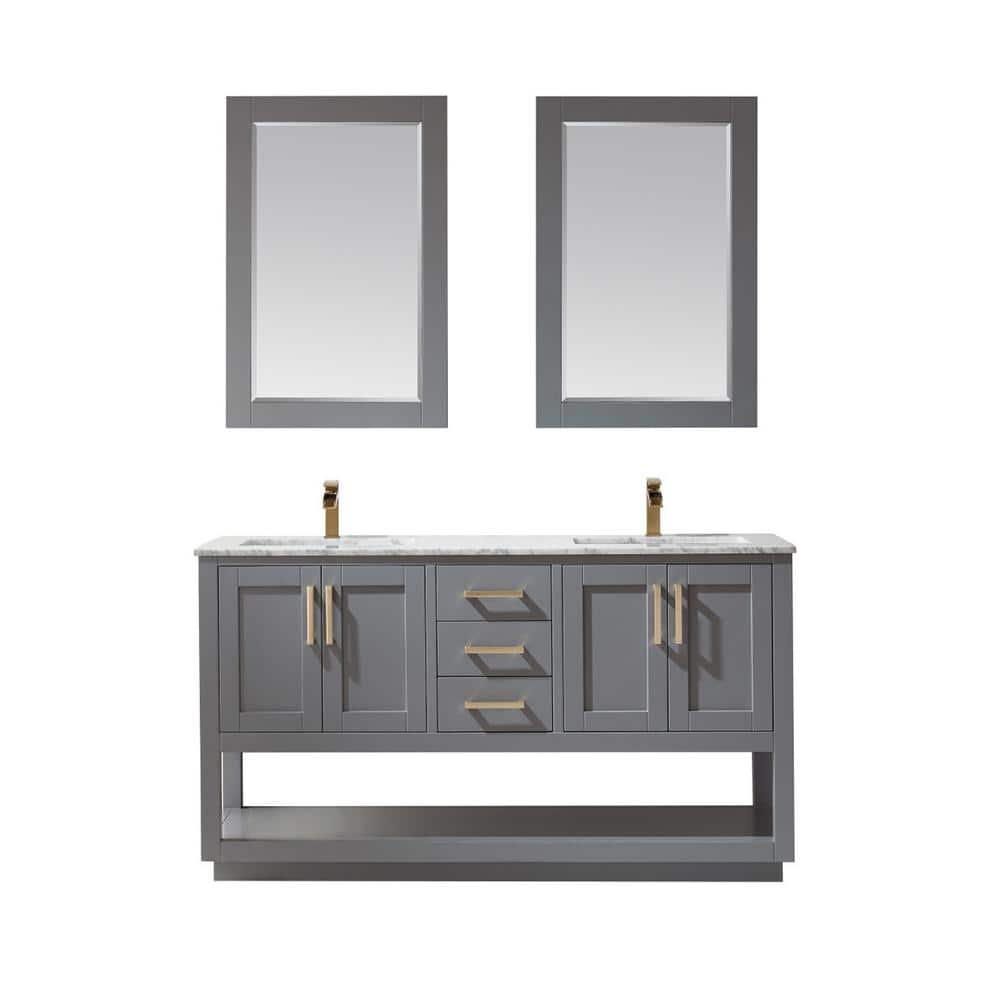 Remi 60 in. Double Bathroom Vanity Set in Gray and Carrara White Marble Countertop with Mirror price history on PriceWatchPro