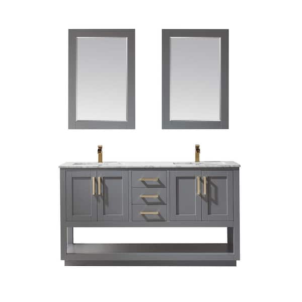 Altair Remi 60 in. Double Bathroom Vanity Set in Gray and Carrara White Marble Countertop with Mirror