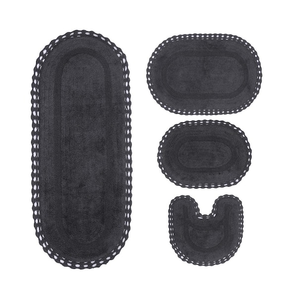 HOME WEAVERS INC Hampton Crochet Reversible 100% Cotton Bath Rug Set, 4-Pcs Set with Runner, Gray