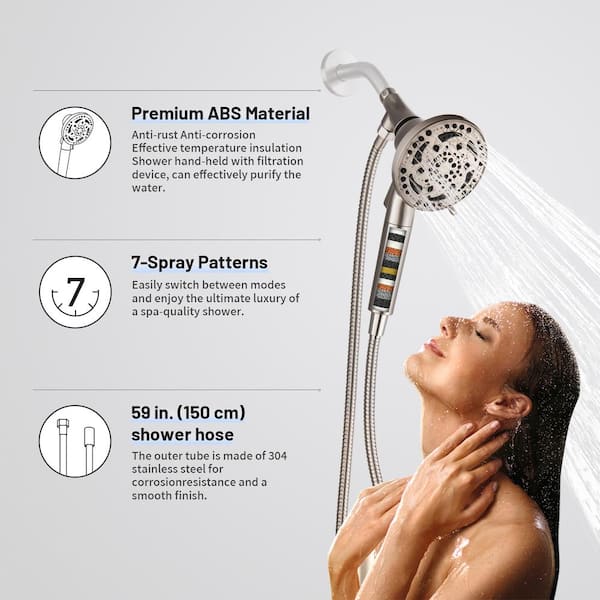 7-Spray 4.92 in.Wall Mount Adjustable Filtered Handheld Shower Heads Removable Shower Hose 1.8 GPM in Brushed Nickel