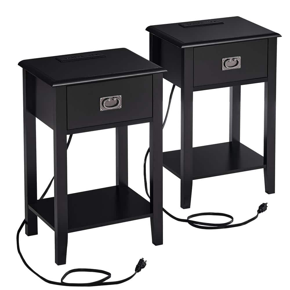 VECELO Nightstand Set of 2 with Charging Station, Black End/Side Table ...