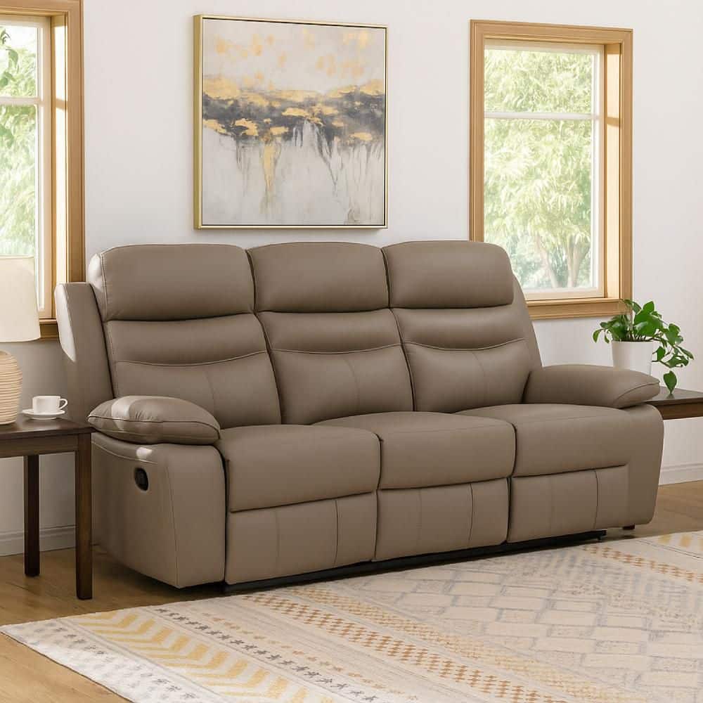 86.5 in. Pillow Top Arms Faux Leather Rectangle with Double Reclining Sectional Sofa in. Latte Brown
