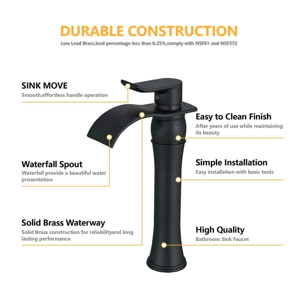 Matte Black Single Handle Waterfall Vessel Sink Faucet