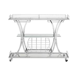 Chrome Bar Cart with Wine Rack Silver Modern Glass Metal Frame Wine Storage, Kitchen Cart